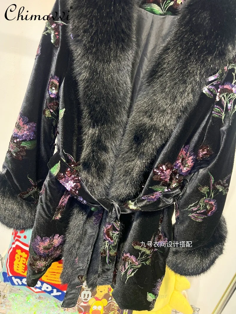 Abrigo de visón europeo de terciopelo Retro de estilo chino para mujer Otoño Invierno nueva chaqueta de piel holgada de longitud media con lentejuelas bordadas pesadas