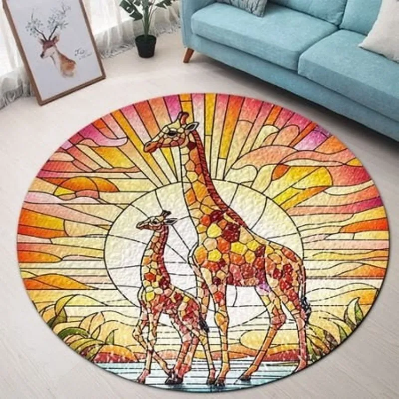 Giraffe Round Rug Stained Glass Mosaic Art Design Living Room Sofa Lounge Accent Circle Floor Carpet