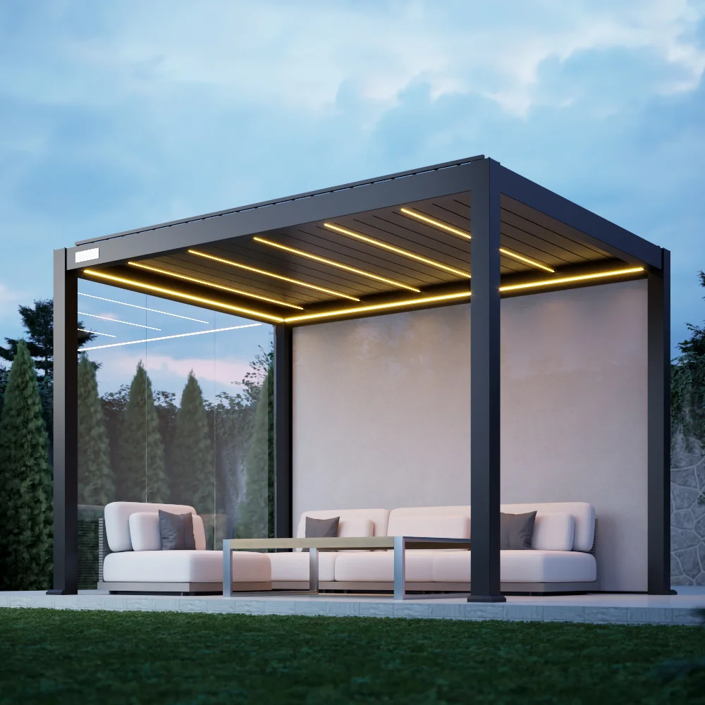Pergola with Roof Sides 3x4m Sun Shade System Complete Powder Coated Aluminum Enclosure for Balcony & All Weather Outdoor Room