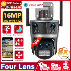 Outdoor 4 Lens 4 Screen Linkage Wifi PTZ Camera 8X Hybrid Zoom Auto Tracking Security Cameras Humanoid Detect IP Cameras iCSee