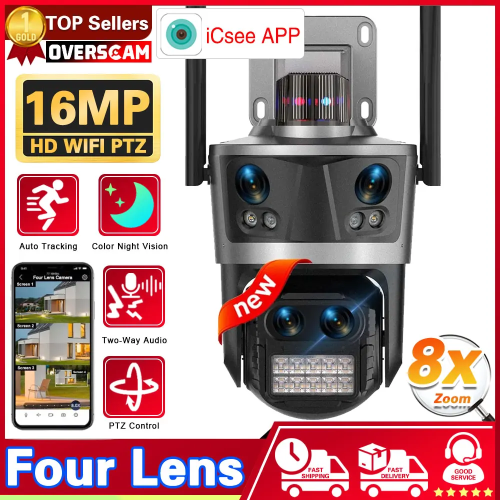 Outdoor 4 Lens 4 Screen Linkage Wifi PTZ Camera 8X Hybrid Zoom Auto Tracking Security Cameras Humanoid Detect IP Cameras iCSee