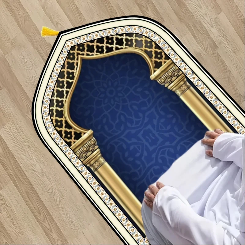VIKAMA Exquisite Gold-Patterned Muslim Prayer Rug with Tassels Non-Slip Prayer Mat Religious Activity-Specific Kneeling Mat
