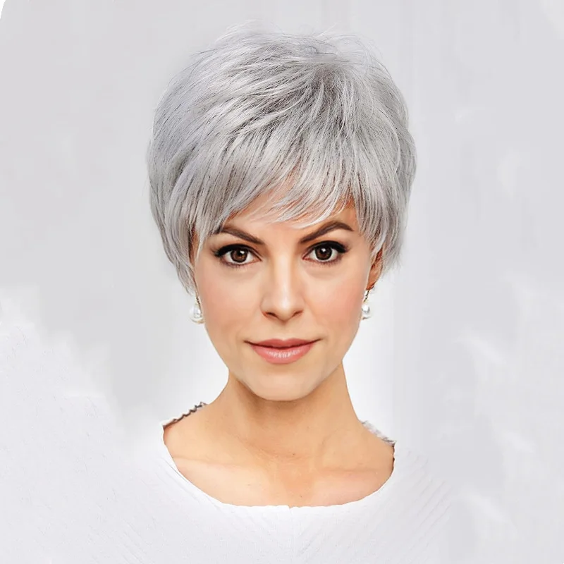 Granny Grey Wig Side Part Short Straight Hair For Middle-Aged Breathable Wig Synthetic Fiber High Temperature Silk Head Cover