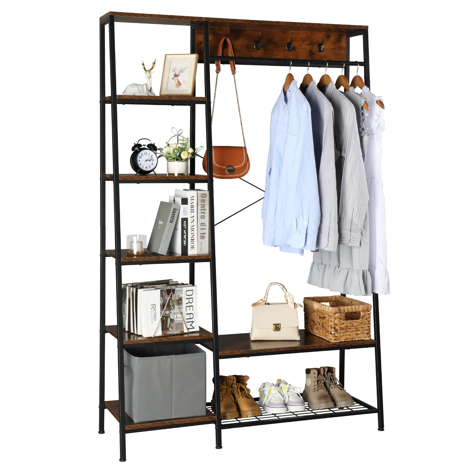 Entryway Hall Trees with Hooks, Storage Shelves and Shoes Bench, Freestanding Closet Organizer Clothes Rack with Coat Rack,