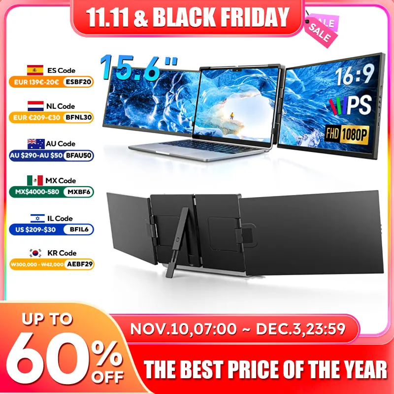 

15,6-дюймовый тройной удлинитель экрана для ноутбука, путешествий, работы, мини-ПК, 1080P, FHD, IPS Type-C, портативный двойной монитор для Mac 13-17 дюймов, хром