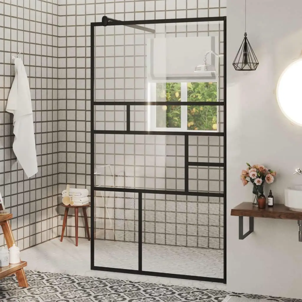 35.4x76.8 Black Walk-In Shower Wall with Clear ESG Glass - Modern Bathroom Design