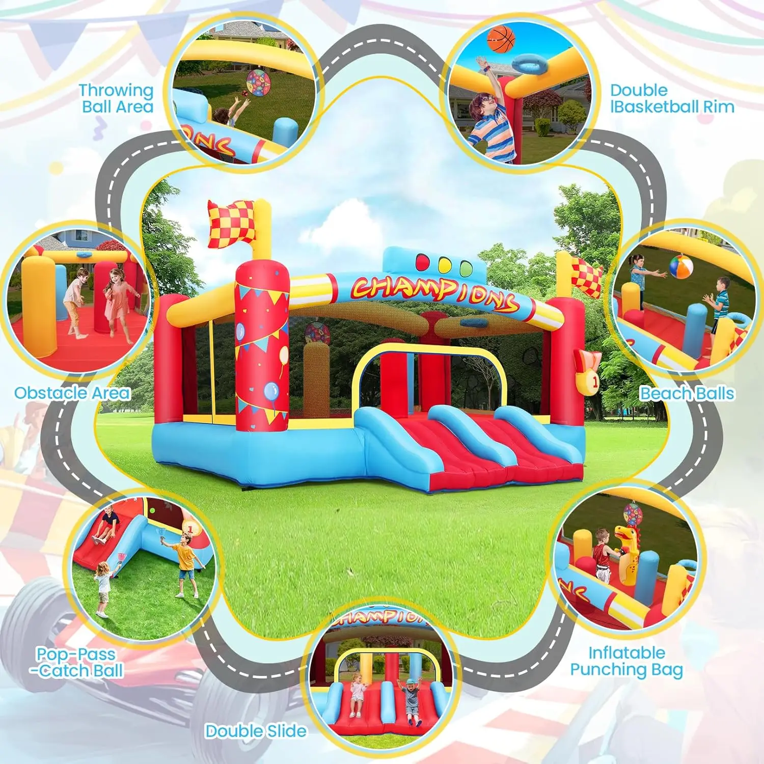 Casa de rebote inflable grande para niños grandes, abolladuras inflables al aire libre de 13 pies con soplador, aro de baloncesto doble, juego de pelota de lanzamiento,