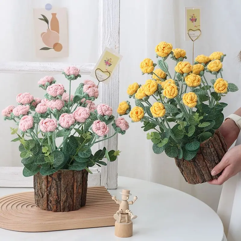 Handwoven multi head rose yarn flower DIY material 4-strand milk cotton creative knitted bouquet as a potted gift for women