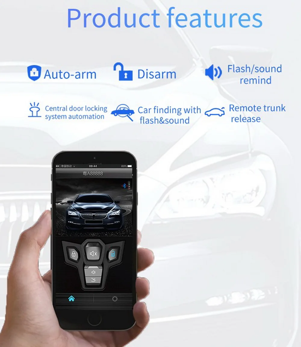 Germany Spy Bluetooth APP One Way Car Alarm System Remote Key Keyless Entry Disarm Trunk Release Shaking Lock Gasoline Diesel209