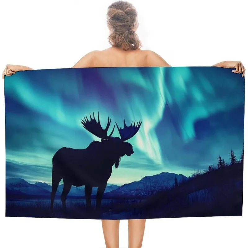 

1 шт. пляжное полотенце с принтом лося Northern Lights, 27,5x55 дюймов, быстросохнущее дорожное полотенце из полиэстера, легкое банное полотенце для бассейна, Sw