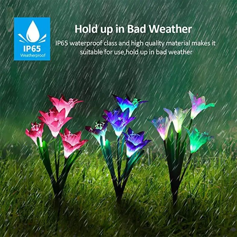 Outdoor Solar Lights With 4 Lily Flowers Lamp Solar Powered Lawn Flower Light For Garden Pathway Patio Landscape Decor