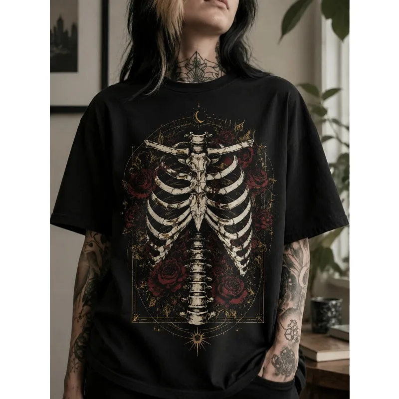 Men's Halloween Skeleton Pattern Printed Y2K T-shirt Four Seasons New Style Unisex Retro Punk Style T-shirt