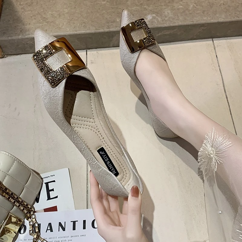 Spring Autumn Summer Winter Women's Flat Shoes Soft Bottom Square Buckle Design Casual round Toe Shoes Comfortable Rubber Sole