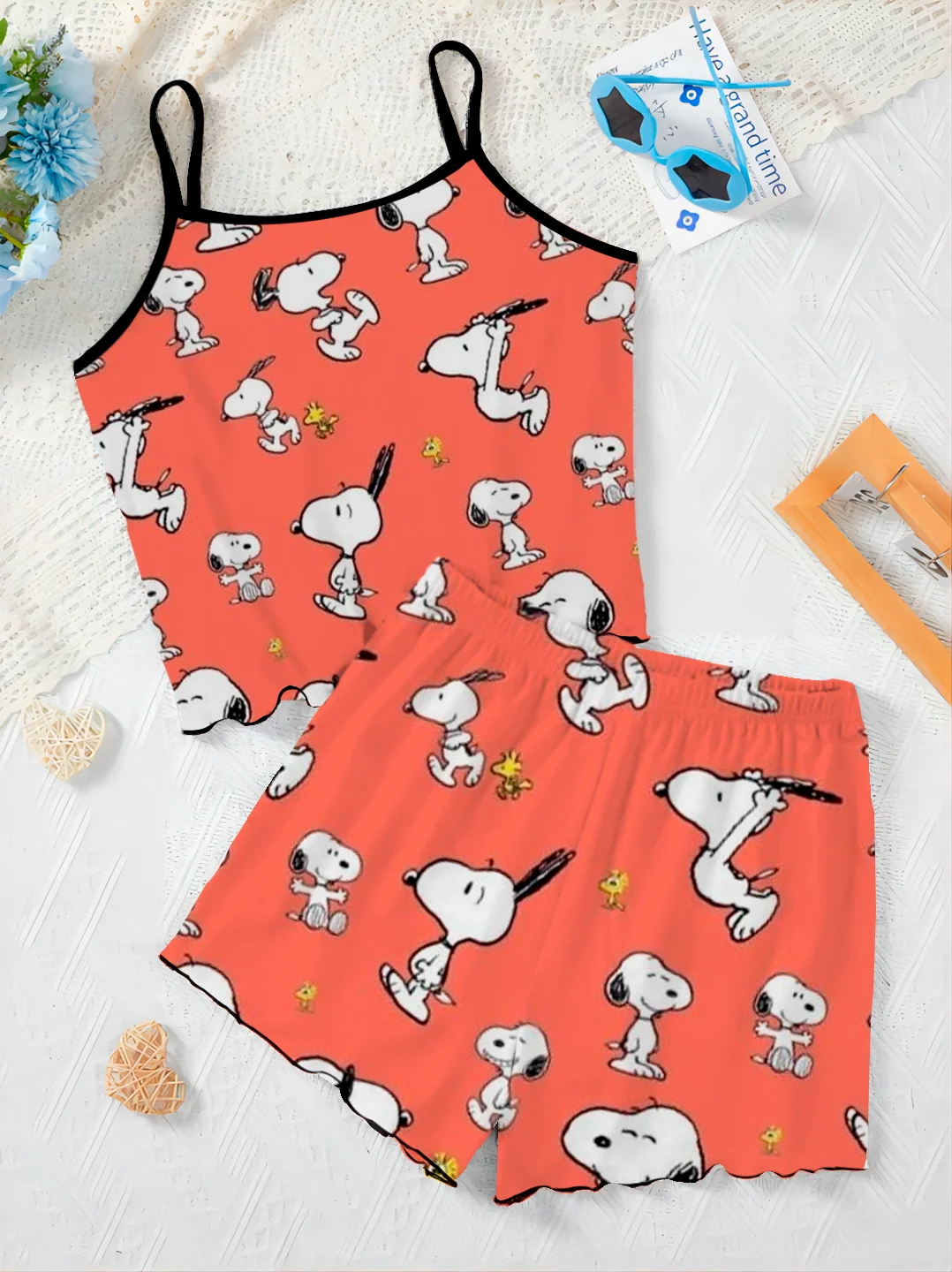 Two Piece Set Women's Suit Slip Dress Disney T-shirt Snoopy Top Lettuce Trim Short Sets Pieces Elegant Bottom Disney Home Dress