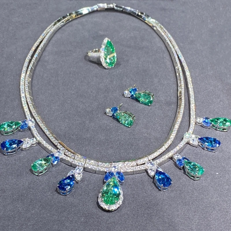 Bellux French Style Water Drop Shaped Paraiba Green Royal Sapphire Bowknot Necklace Earrings Rings Party Wedding Jewelry Set