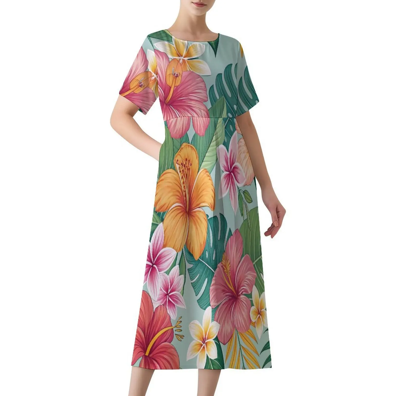 Vestido de Color con estampado Floral Tribal polinesio, vestido personalizado con patrón de verano, falda larga holgada de manga corta con cuello redondo, alta calidad