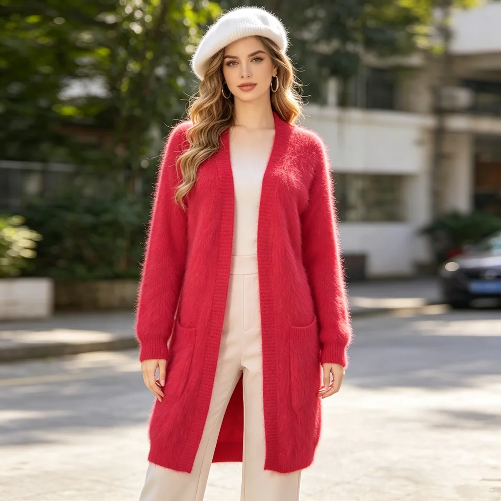 Ladies Women Autumn Winter Thick Warm Red Hairy Fuzzy Mink Cashmere Knitted Long Sleeves Slim Cardigans Mantle Angora Sweater