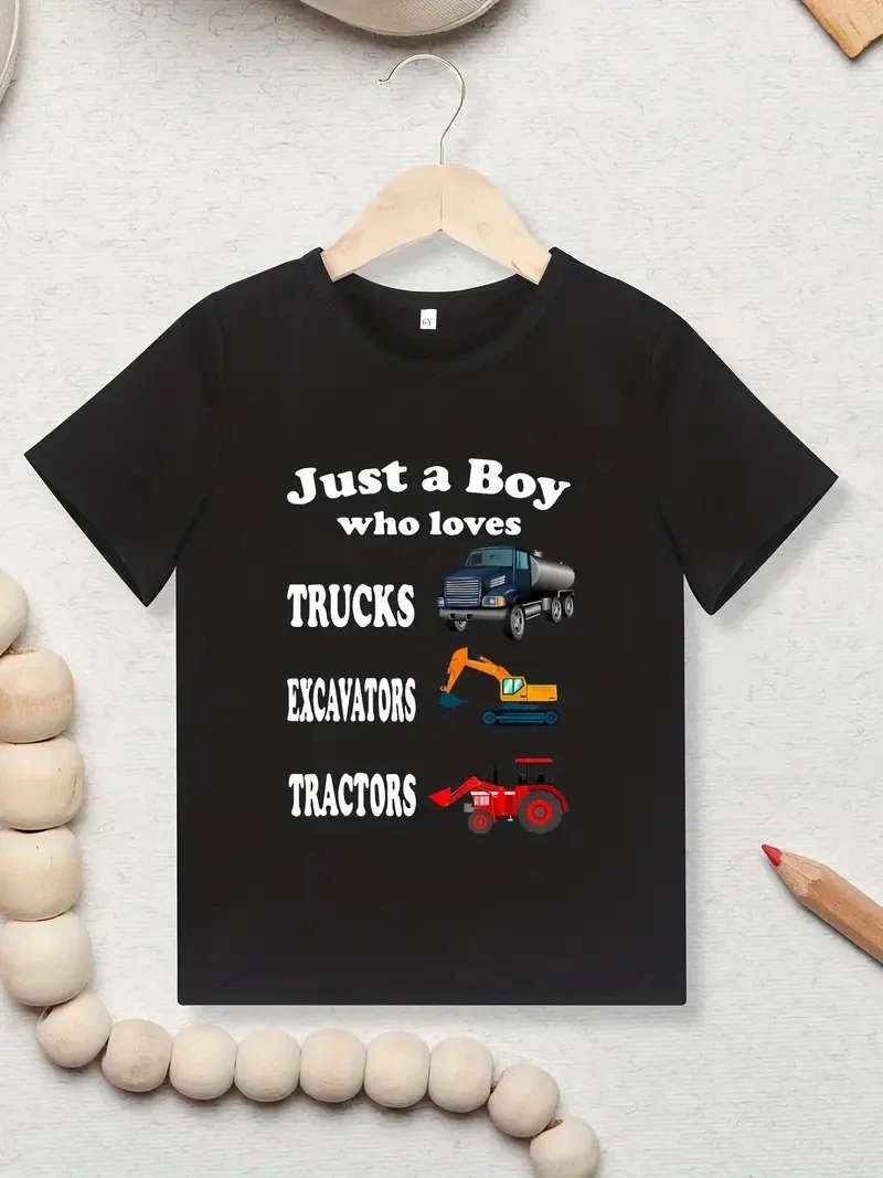 

Just A Boy Who Love TRUCKS EXCAVATORS TRACTORS T-Shirt Summer New Children's Cartoon Print Top Short Sleeve Kids Clothes