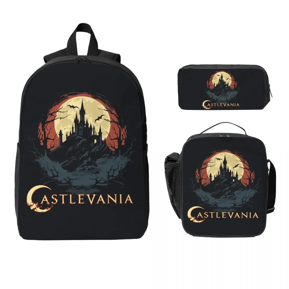Castle Of Darkness Castlevania Backpack Boys Girls BookBag School Bag Computer Shoulder Bags 3ps Insulated Lunch Bag Pencil Case