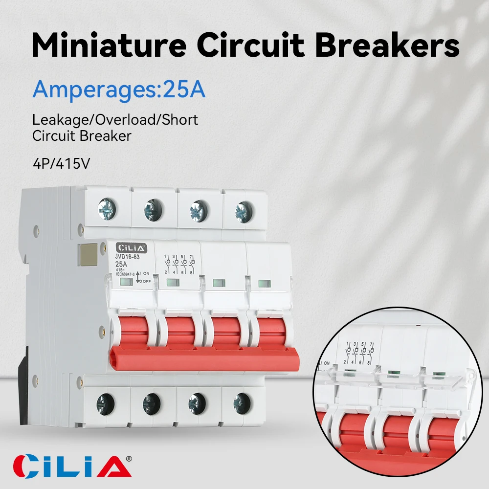 قاطع دائرة مصغر CILIA 25 أمبير، التسرب/الزائد/حماية الدائرة القصيرة، 4 اتجاهات 415VAC، حامل السكك الحديدية DIN، تصميم مدمج #1