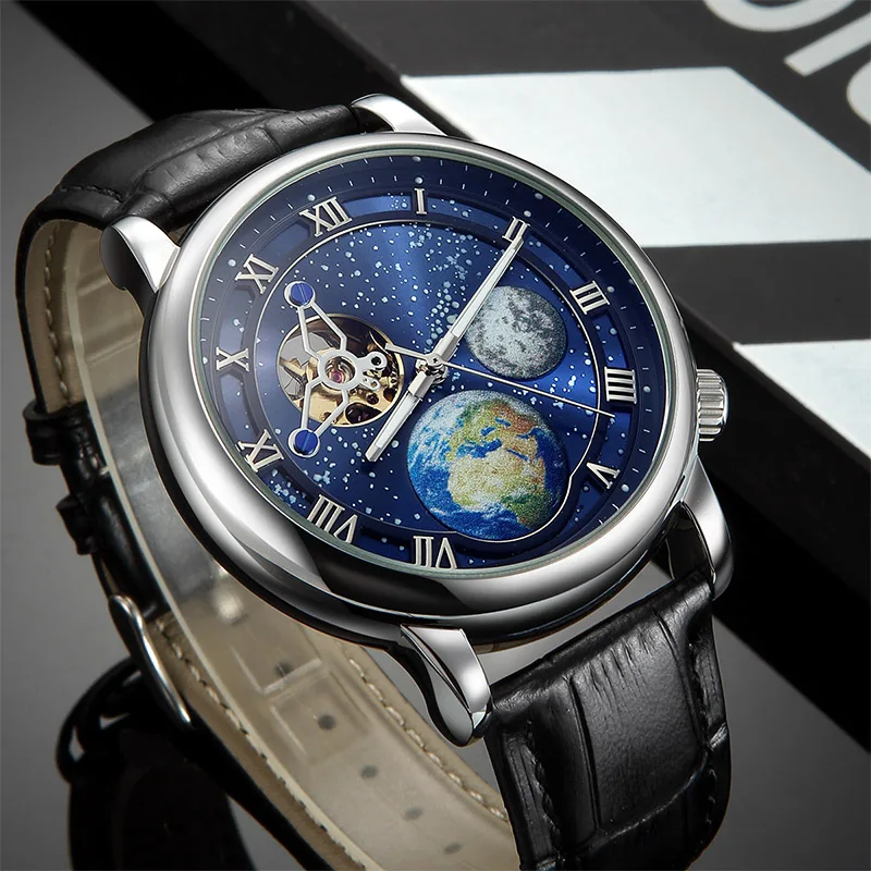 SKONE Rotating Earth Second Hand WristWatch Noctilucent Men Automatic Mechanical Watch Starry Sky Leather Watchband