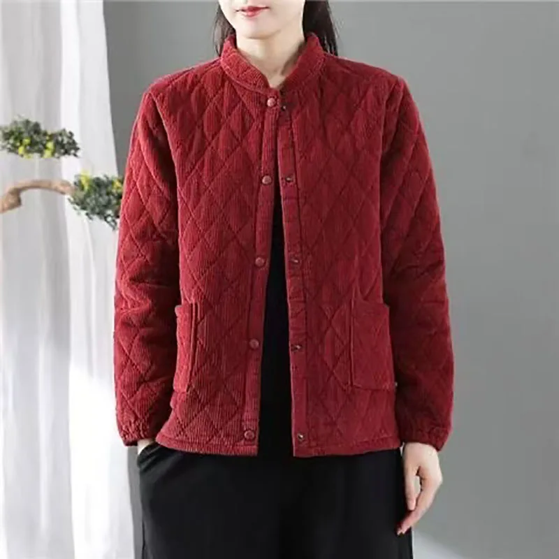 ผ้าฝ้ายผู้หญิง Coat Parka Retro Corduroy Coat Cotton Stand Up Collar ฤดูใบไม้ร่วงฤดูหนาวแจ็คเก็ตอุ่นสั้นผ้าฝ้าย Overcoat