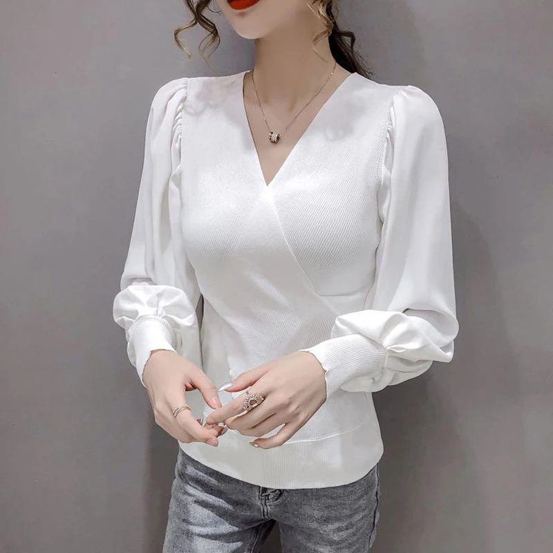 Elegante chique decote em v manga comprida retalhos malhas primavera outono coreano moda magro de malha blusas para mulher clothes2023