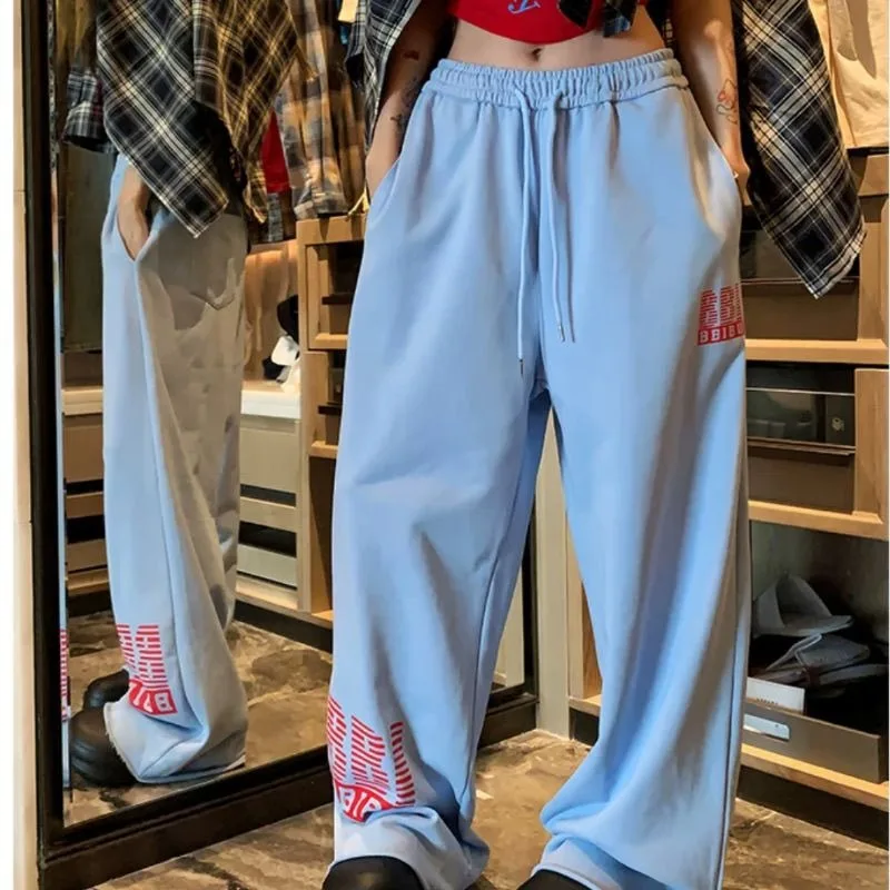 

Deeptown Blue Letter Print Women Pants Wide Leg High Waist American Style Jogging Sweatpants Baggy Hip Hop Casual Streetwear
