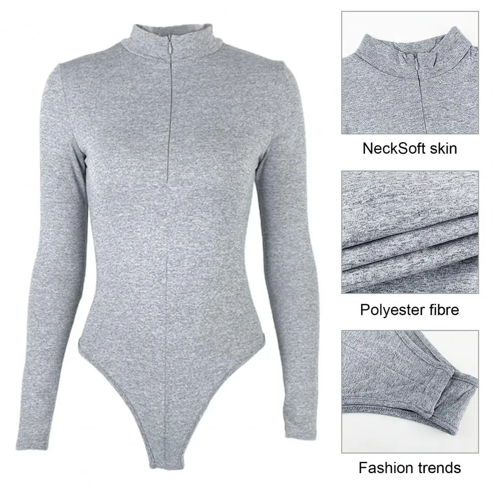 

Curve-hugging Women Bodysuit Winter Women's Fleece-lined Skinny Fit Romper Cozy Mock Neck Bodysuit with Zipper Half Placket