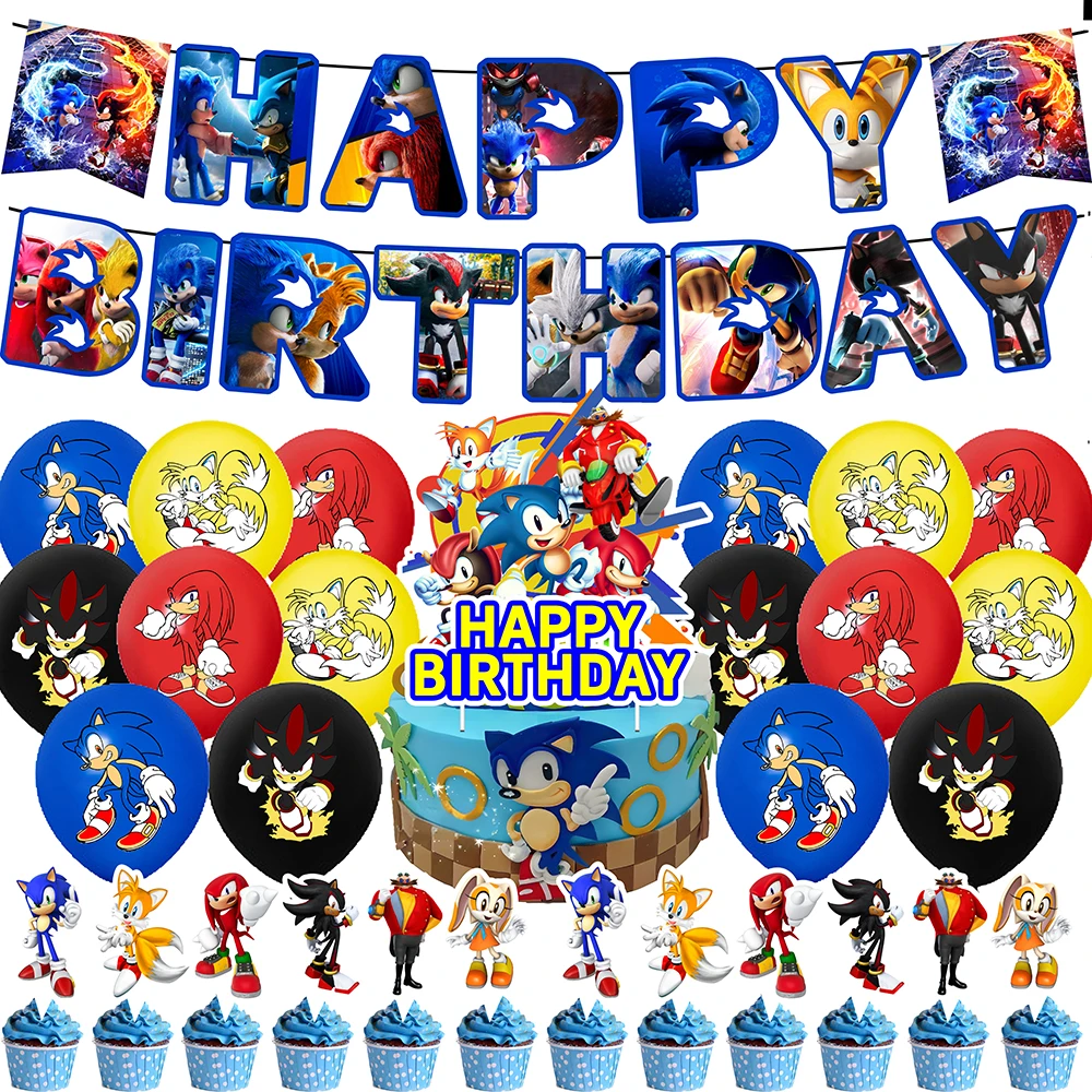 Jogo sonic calças festa de aniversário talheres placa descartável banner bolo topper pendurado bandeira sonic balões conjunto decorações de aniversário