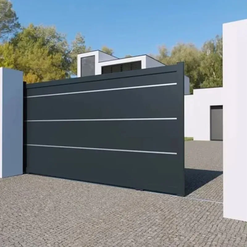 Automatic Entry Black Residential Driveway Modern Private Luxury Dual Swing Driveway Gate