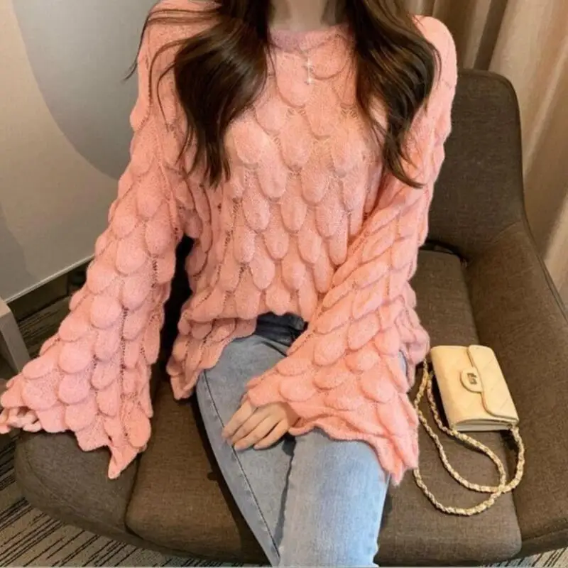 

Лидер продаж 2026, осень-зима, новый европейско-американский женский модный полый свободный вязаный свитер с круглым вырезом и рукавами-трубой, свитер на голову