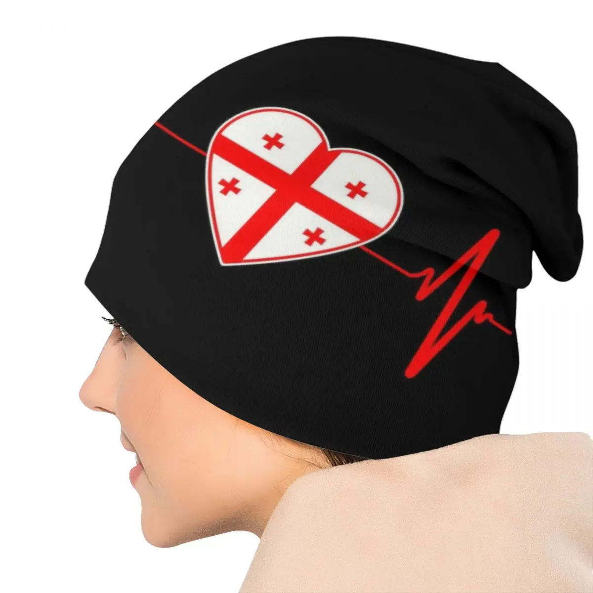 Gorro personalizado con bandera de Georgia y latido del corazón, gorros tejidos para hombres y mujeres, gorros cálidos de invierno para la familia con corazón georgiano Unisex