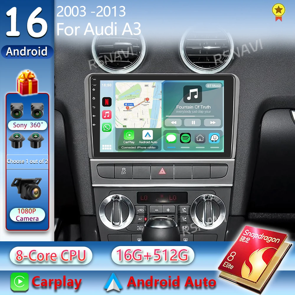 Android 16 2K QLED Für Audi A3 2 8P 2003-2013 S3 2 2006-2012 RS3 Android Autoradio Multimedia-Videoplayer GPS Stereo CarPlay 4G