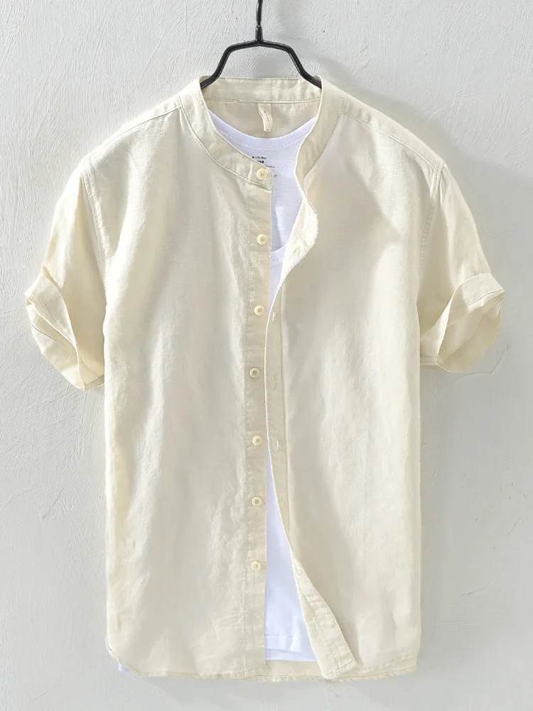 Chemise à manches courtes pour homme, col mandarin, mélange de lin, décontractée, ample, boutonnée, 