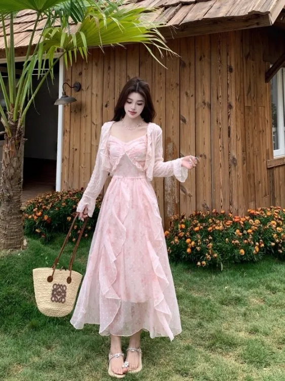 

plus Size Women's Sweet Style Sleeveless Dress with Lace Trim Summer New Thin Shoulder Shawl Top And Bottom Set Commute Korea...