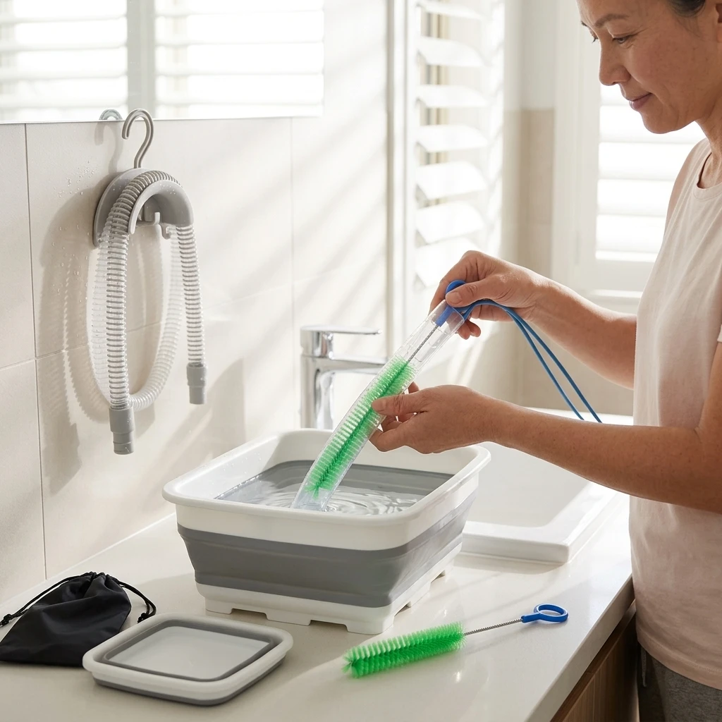 CPAP Cleaning Kit PP Collapsible Wash Basin Tube Brush Set Suction Cup Hanger Foldable sink set breathing machine Cleaner