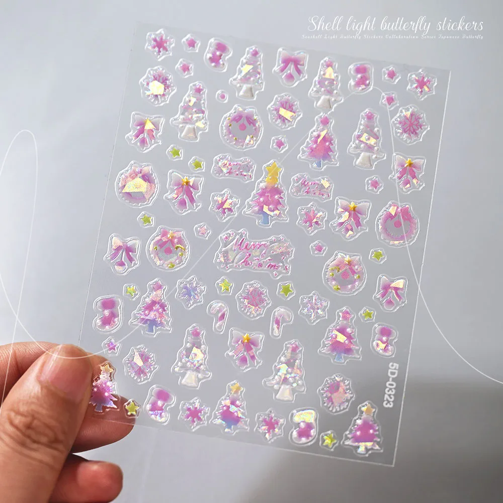 1pcs 5D Sweet Pink Christmas Tree Nail Art Stickers Shiny Shell Cute Snowflake Bowknot Fairy Nail Stickers Relief Manicure Decal