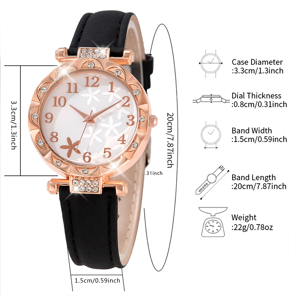 1PCS Simple Luxury Flower Element Leather Strap Watch Black Casual Fashion Quartz Watch Is The Perfect Gift For Her (No Box)