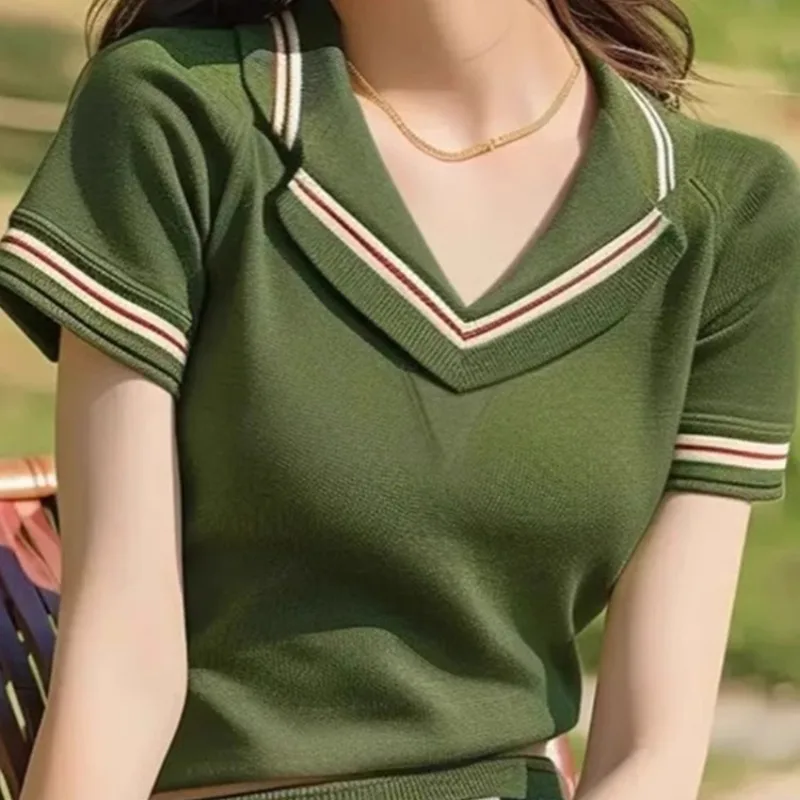 2025 verão moda camisola topos mulheres de malha camisetas malhas manga curta com decote em v casual elegante senhoras jumpers