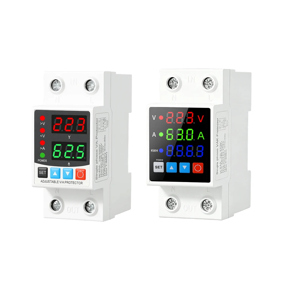 1PC 40A 63A 220V 230V DIN Rail  Dual Display Adjustable Over Voltage Current And Under Voltage Protective Device Protector Relay