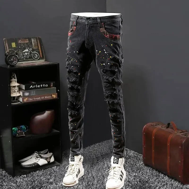 2024 Men Motorcycle Pants 's Spring Retro Ripped Punk Button Jeans Pant Pantalon Homme Street