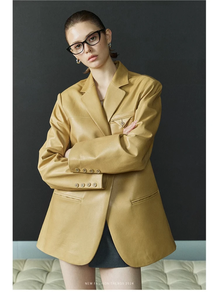 

Retro Casual Real Sheepskin Coats for Women Spring Autumn 2026 New High-end Simple Elegant Oil Wax Genuine Leather Blazer Jacket