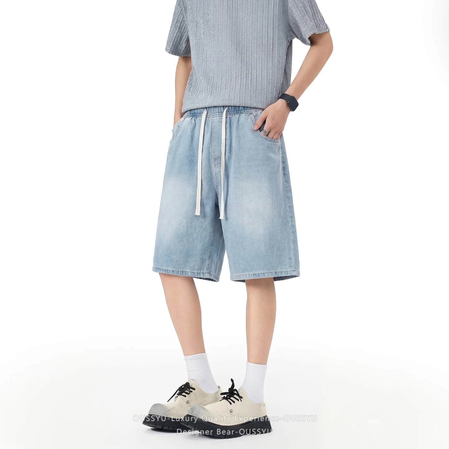 

Brand Men's Summer Thin Straight Denim Shorts Cotton Elastic Waist Blue Jorts Man Work Bermuda Board Cargo Short Plus Size M-5XL