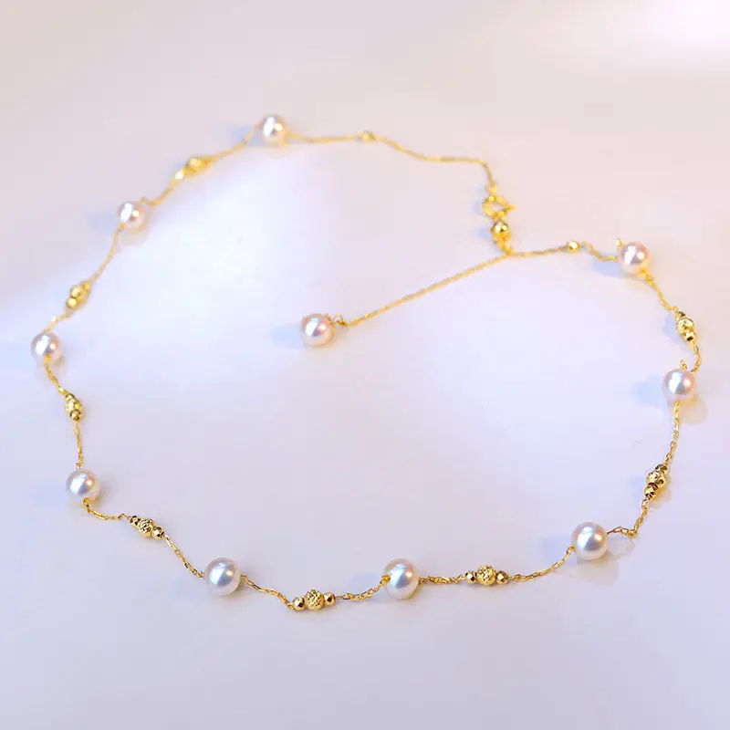 

5-6mm Natural Akoya Saltwater Pearl Necklace, 18K Gold Starry Choker, Strong Luster Pearl Jewelry Gift for Women
