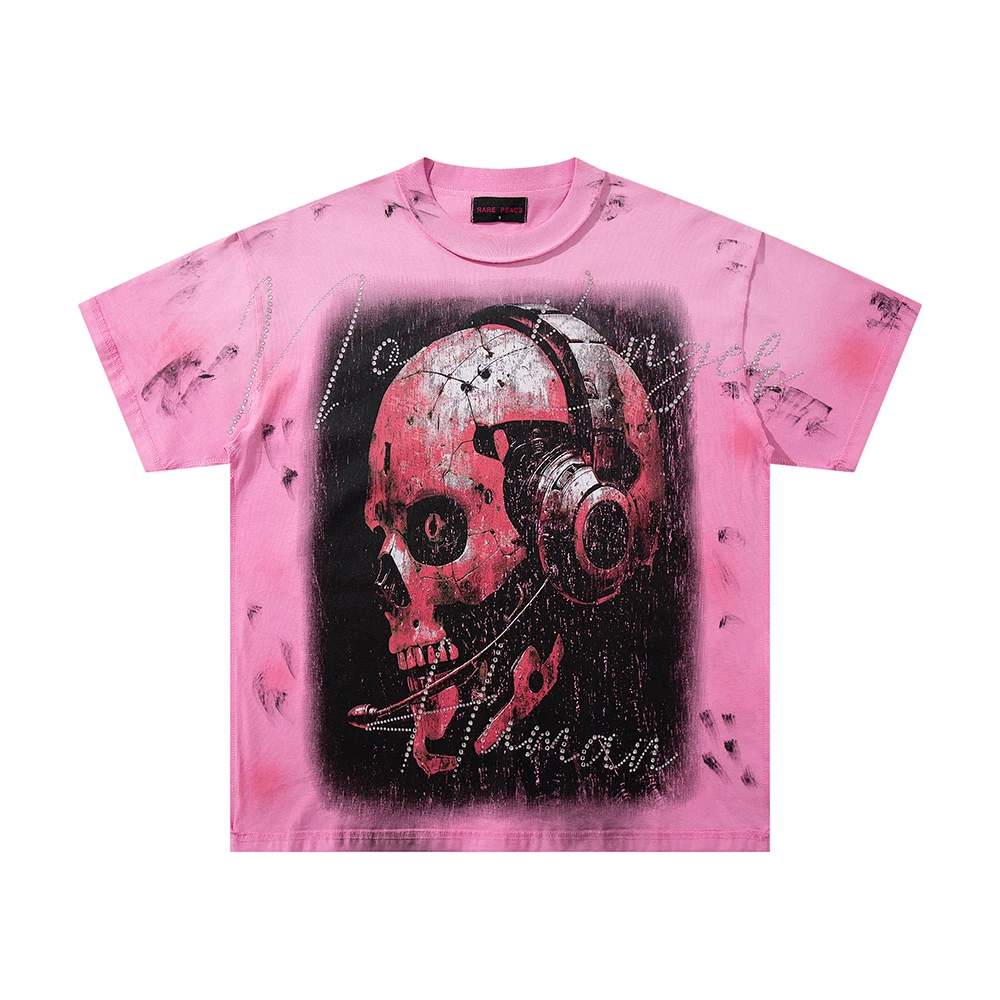Classic High Street Skull Monster Print Pattern Flash Diamond T-Shirts Men Women Vintage Wash Cotton Casual Oversized Tops Tees