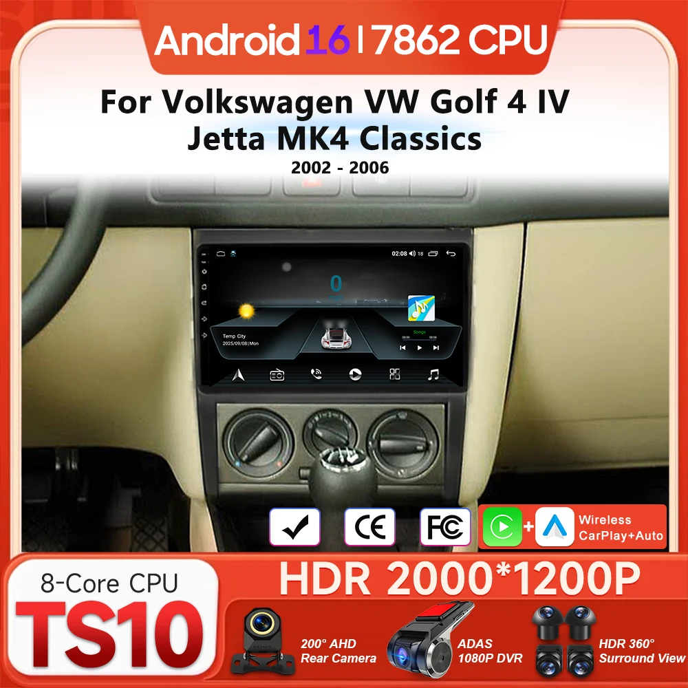 

Мультимедийный проигрыватель для автомобилей Volkswagen VW Golf 4 IV Jetta MK4 Classics 2002-2006 с Android 16, CarPlay, радио, видео, навигацией и GPS.