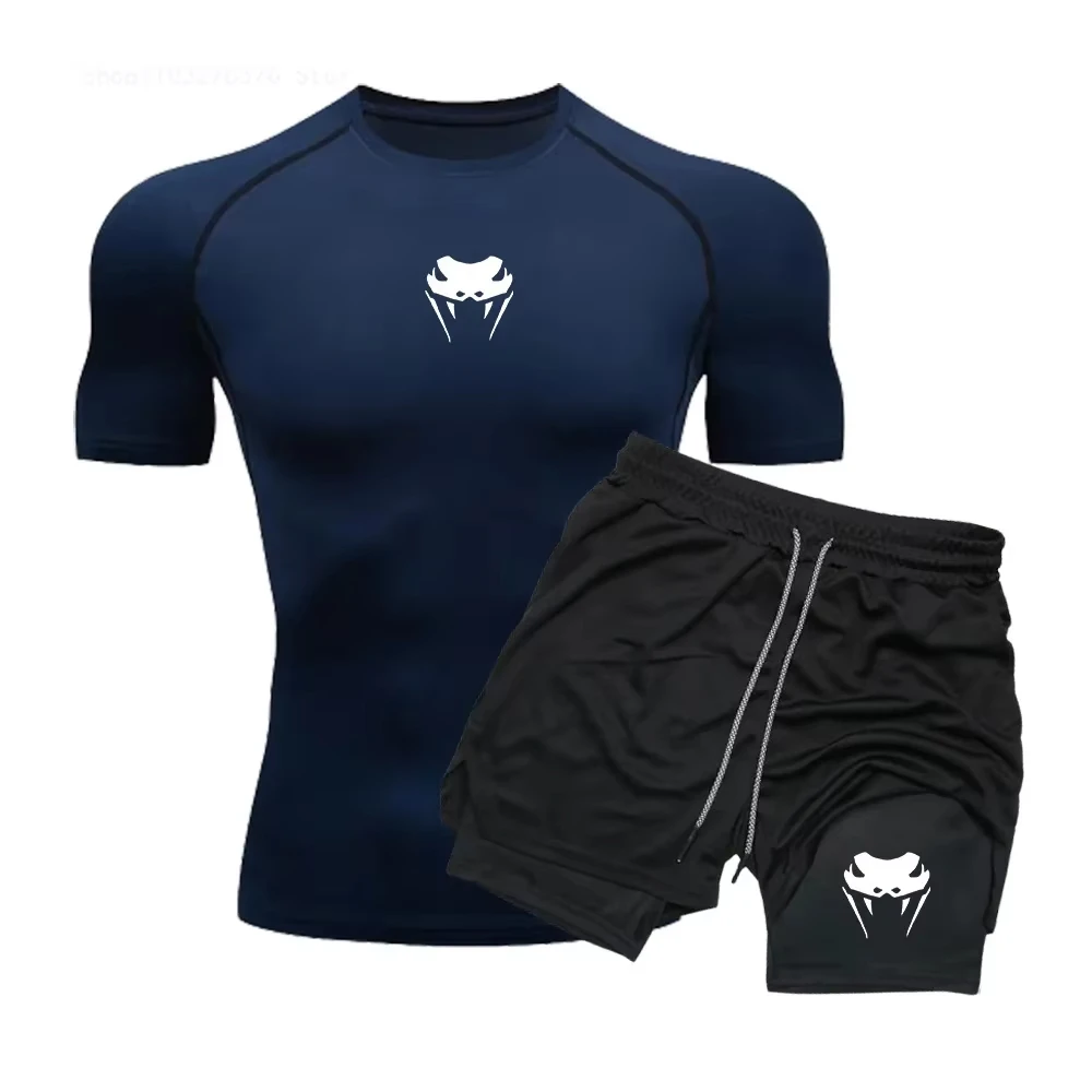 Men Compression Athletic Fitness Wear - Quick-Dry Tight Short-Sleeve Anime Double-Layer Shorts Summer Set Fitness Running Set image 3