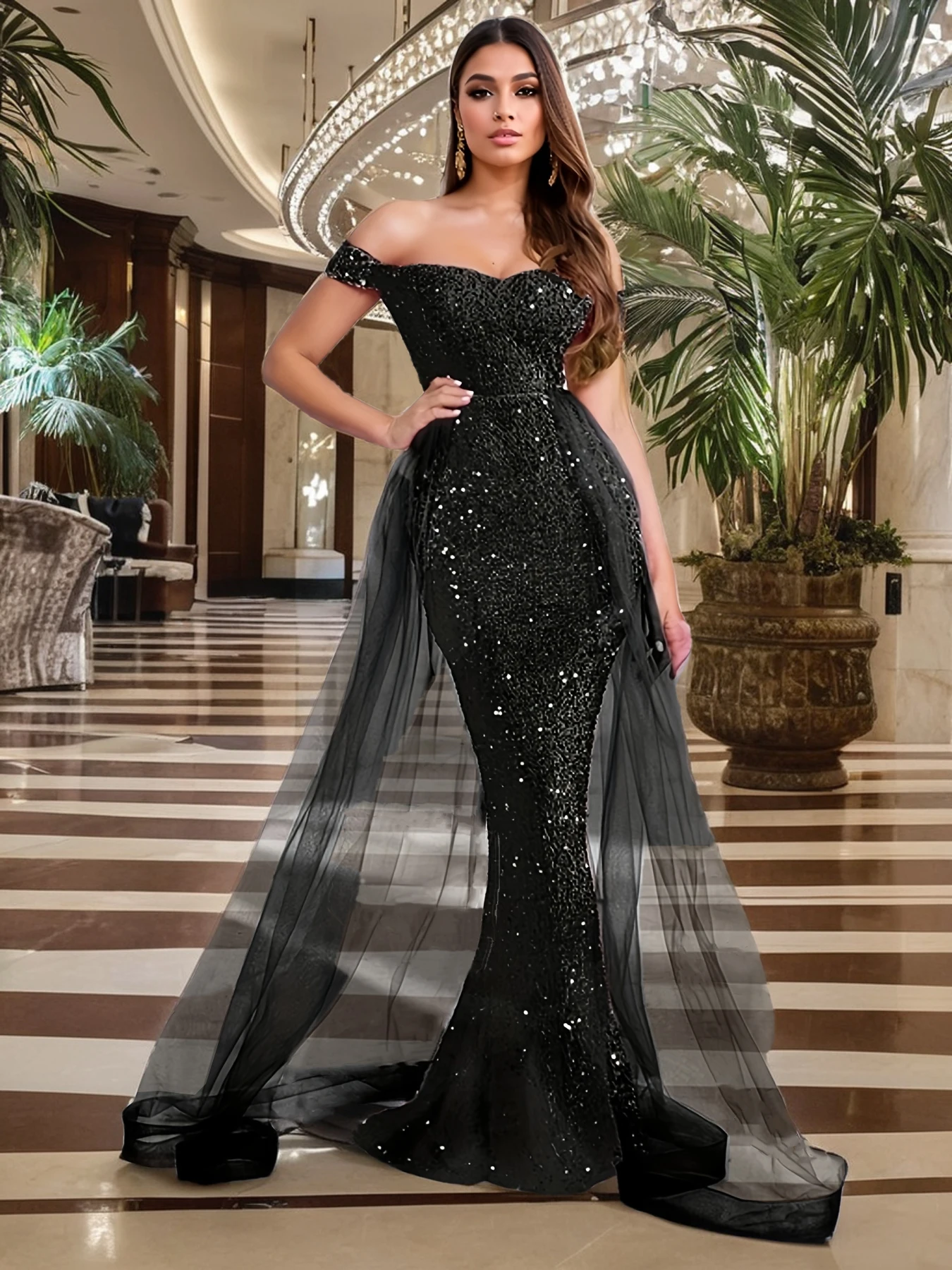 Slash Neck Sexy Off the Shoulder Sequin Floor Length Evening Dress With Mesh Elegant Black Women Party Dresses