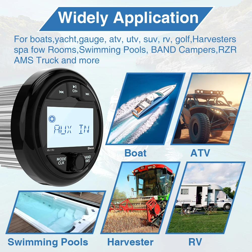 AKAMATE Marine Boat Radio Media Player MP3 Stereo Radio FM AM Receiver Waterproof Bluetooth AUX USB Widely for ATV UTV SPA RZR